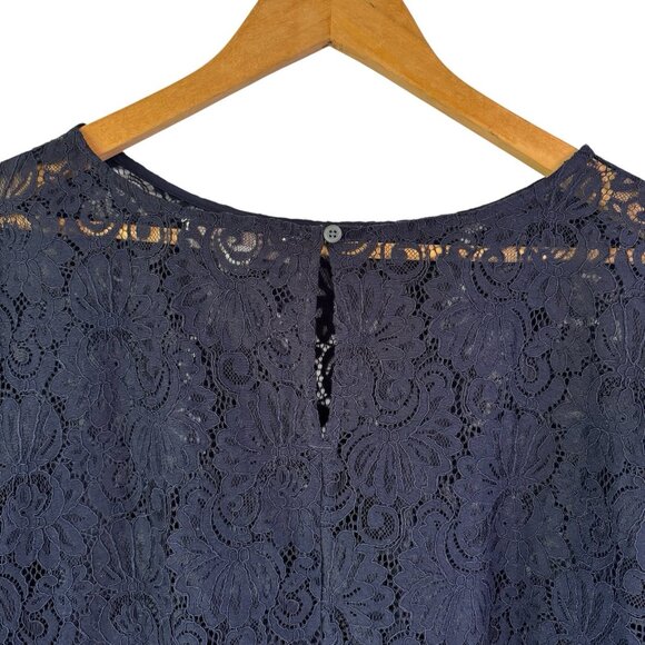 Ann Taylor LOFT Lace Tunic Top XL Dark Blue Bell Sleeve Sheer - Picture 4 of 10